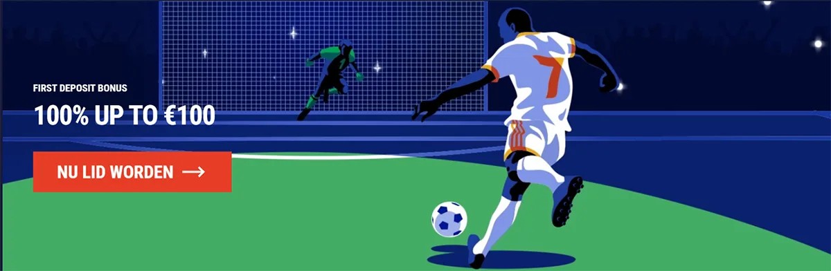 Sports betting promotional banner showing a football player taking a penalty kick toward a goalkeeper, advertising a first deposit bonus of 100% up to €100, with a red “Sign up now” call-to-action button.