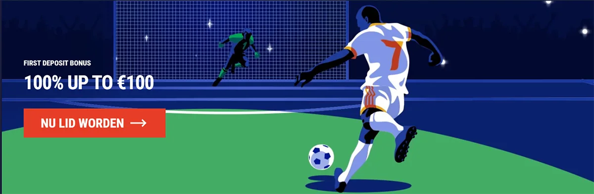 Sports betting promotional banner showing a football player taking a penalty kick toward a goalkeeper, advertising a first deposit bonus of 100% up to €100, with a red “Sign up now” call-to-action button.