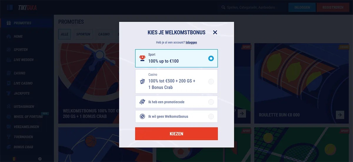 Tikitaka casino welcome bonus selection popup in Dutch allowing players to choose between a sports bonus of 100% up to €100, a casino bonus of 100% up to €500 plus 200 free spins and one Bonus Crab, enter a promo code, or opt out of a welcome bonus, with a red “Choose” button.