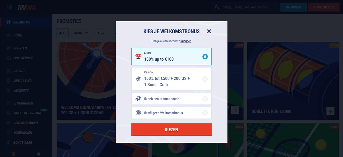 Tikitaka casino welcome bonus selection popup in Dutch allowing players to choose between a sports bonus of 100% up to €100, a casino bonus of 100% up to €500 plus 200 free spins and one Bonus Crab, enter a promo code, or opt out of a welcome bonus, with a red “Choose” button.